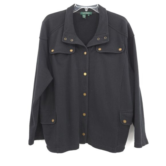 Lauren Ralph Lauren womens black knit shaket jacket Size 2X Field Military brass - Picture 1 of 12